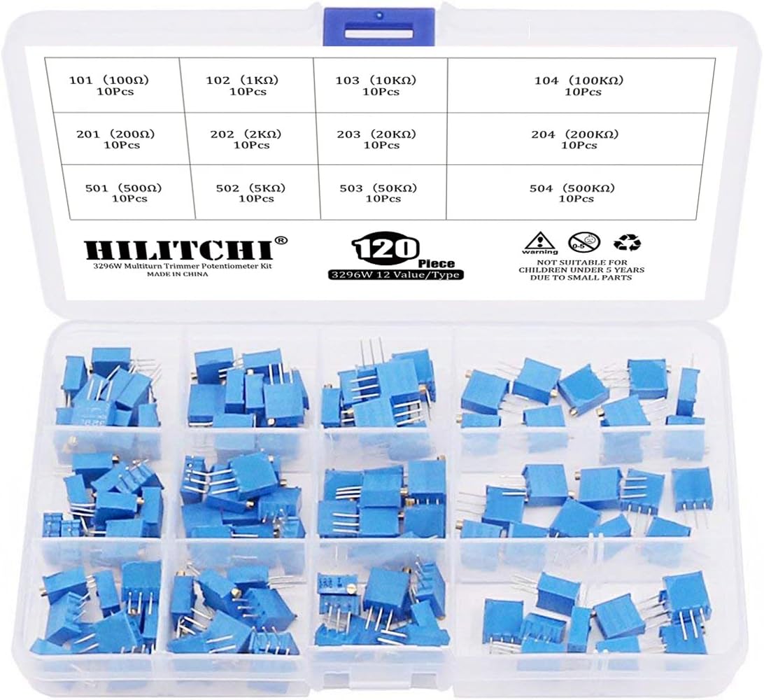 Hilitchi 120-Pcs [100 to 500K] ohm 3296W Multiturn Trimmer Potentiometer Assortment Kit - [12 Value]