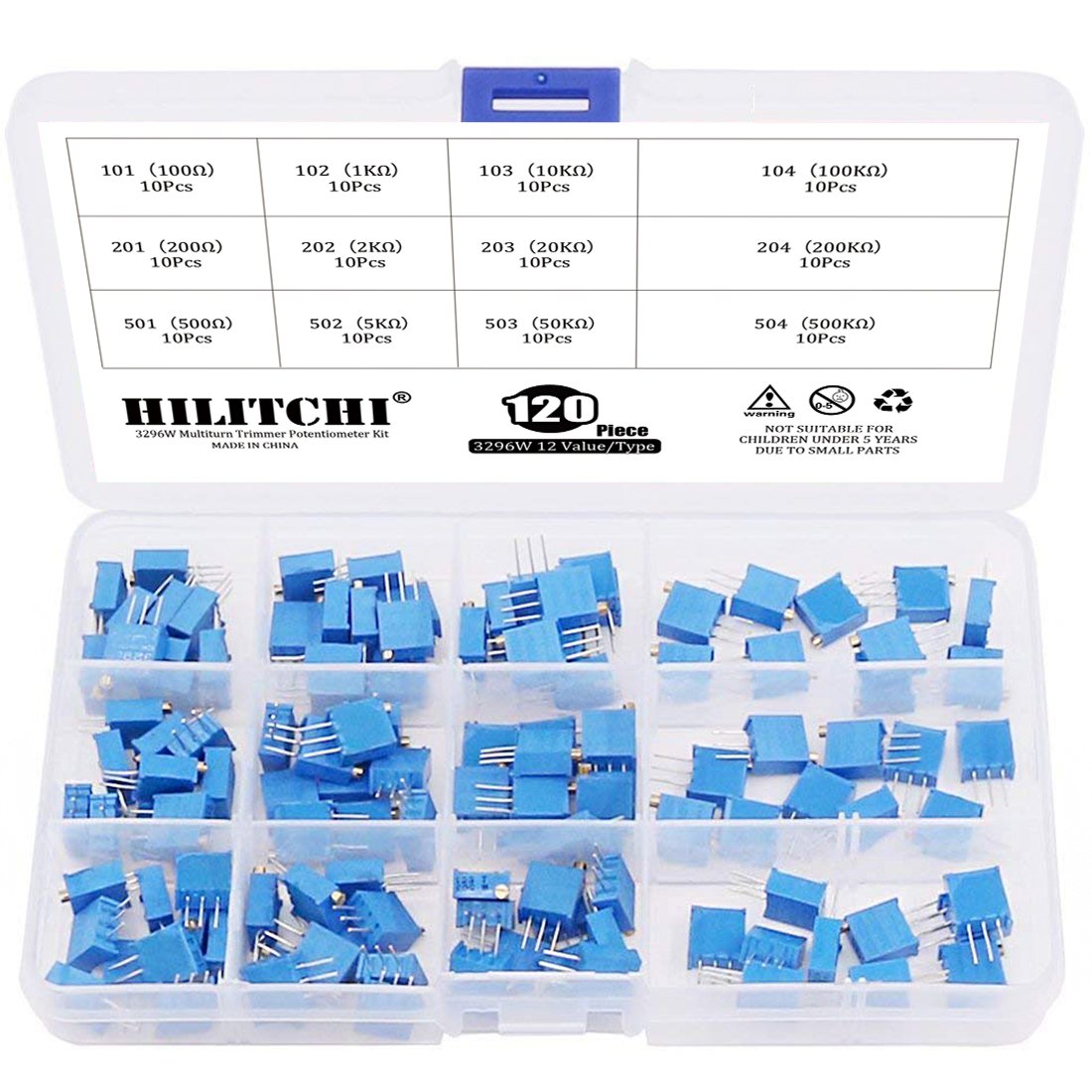 Hilitchi 120-Pcs [100 to 500K] ohm 3296W Multiturn Trimmer Potentiometer Assortment Kit - [12 Value]