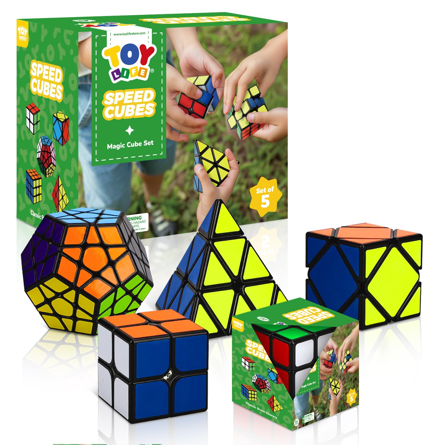 Speed Cube Set 5 Pack Magic Cube | Includes Speed Cubes 3x3, 2x2 Speed Cube, Pyramid Cube, Megaminx Cube Puzzle Cube Bundle for Kids & Adults