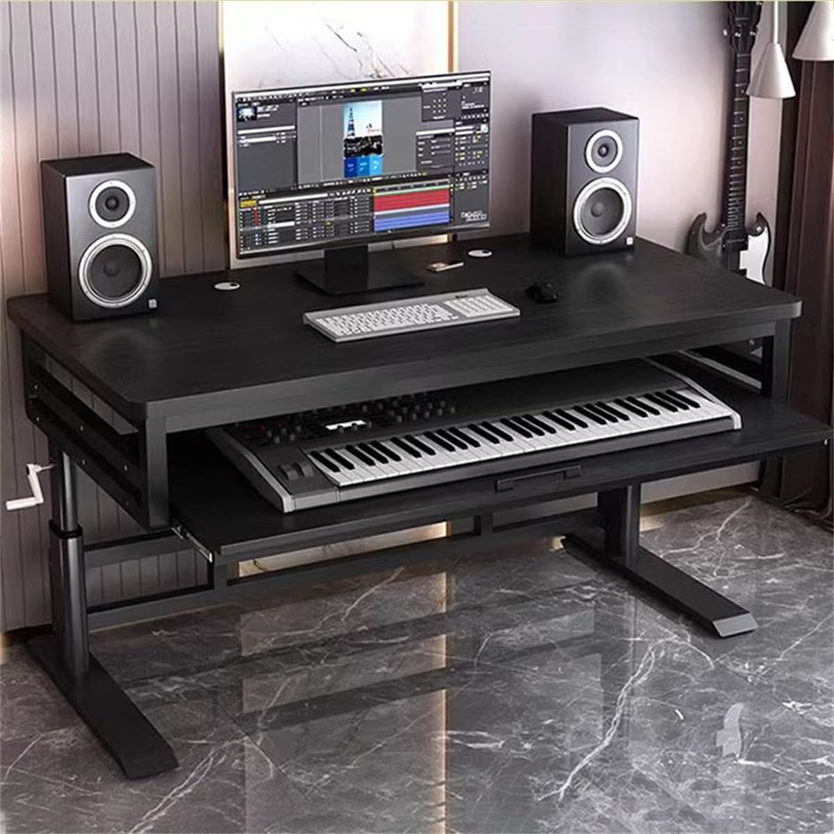Scrivania professionale per casa e ufficio con gestione dei cavi e ripiano per tastiera, ideale per pianoforte elettronico, produzione musicale, workstation MIDI e studio di registrazione