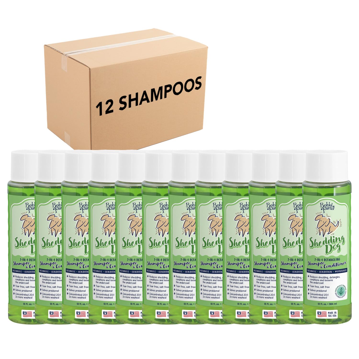 Bobbi Panter Dog Shampoo and Conditioner - Made in USA - All Natural 2-in-1 Formula for Detangles &amp; Reduces Shedding - Concentrated 10:1 for Professional Groomers - Pear Scent, 13 Oz (Case of 12)
