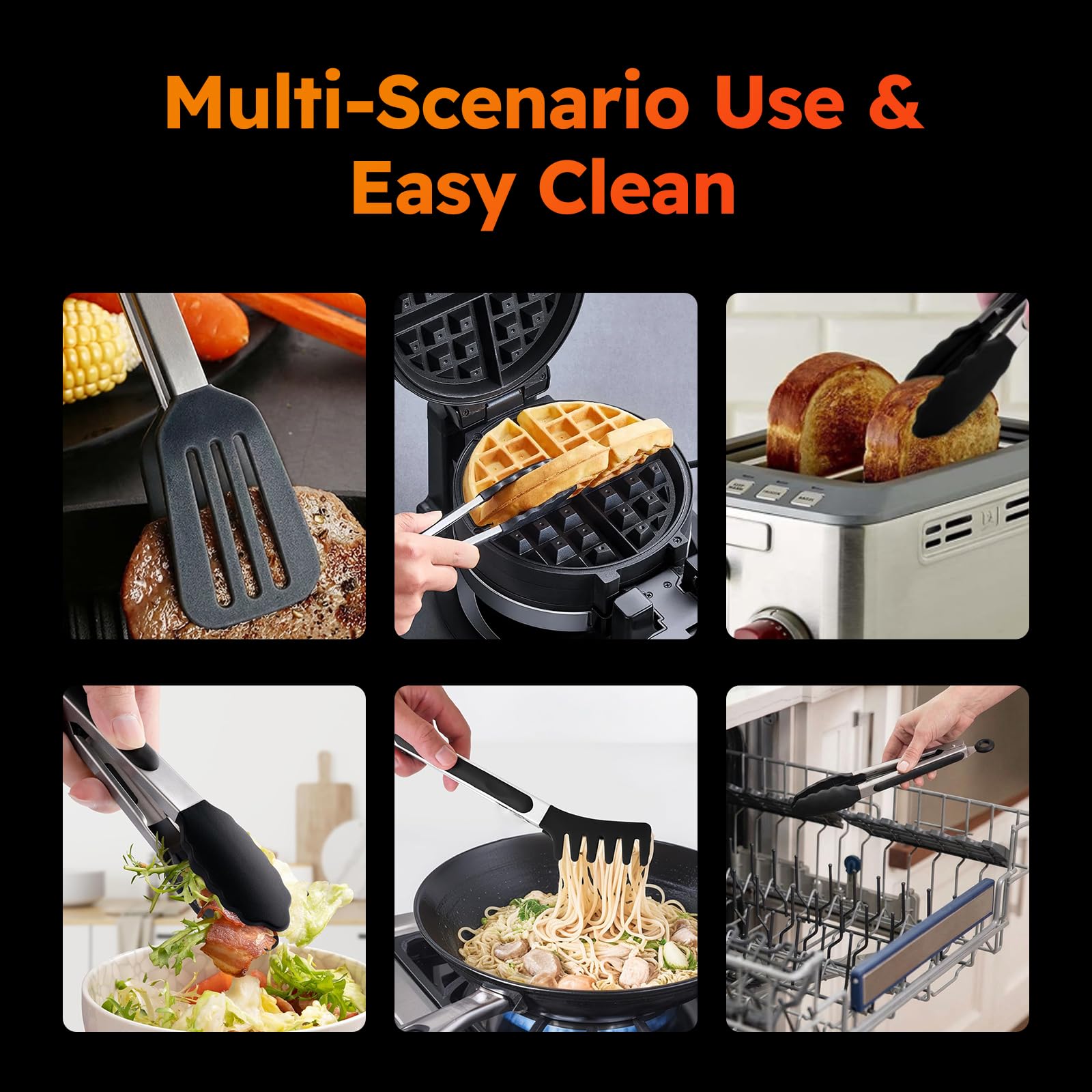 HST Pinzas para cocinar con puntas de silicona (paquete de 3), pinzas de cocina antiadherentes con punta de silicona para cocinar barbacoa (9 pulgadas, negro)