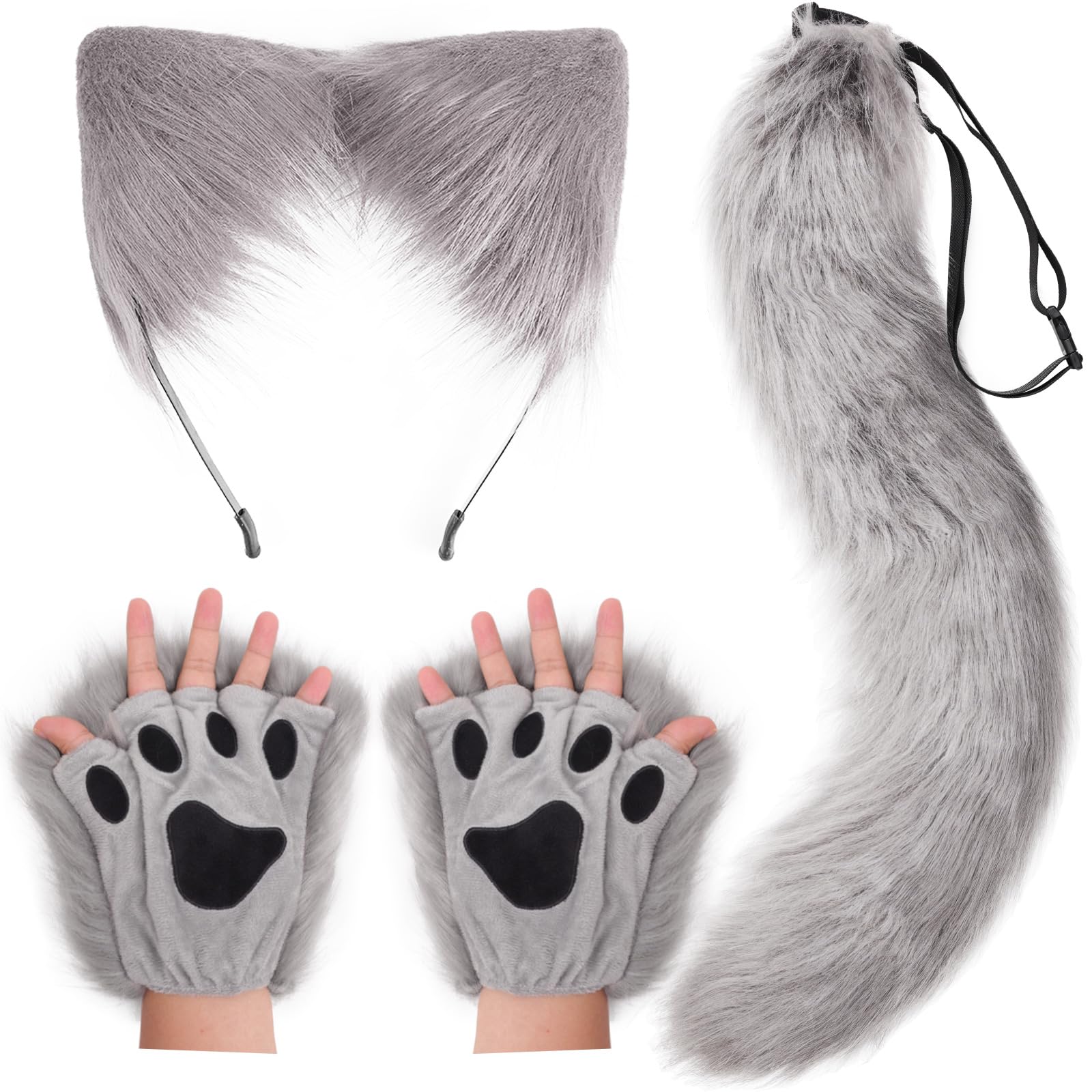 Dreshow Women's 1 Set: Ears + Paw Gloves + Tail (Gray) Wolf Fox Fur Tail Ears Headband And Gloves Set Cosplay Party Costume Super Huge Fluffy Tail For