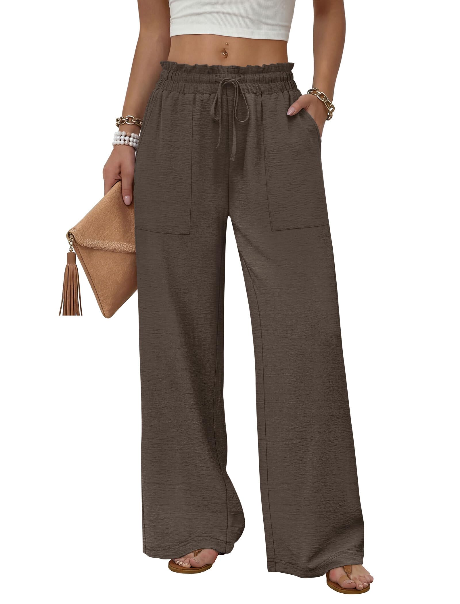 WIHOLL Women's Wide Leg Pants with Pockets Drawstring Loose Trousers Business Work Pants Summer Beach Vacation Clothes — view 7