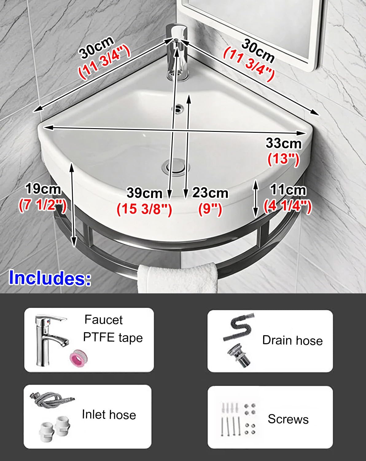 Lavabo Suspendido Esquinero Lavabo de Esquina Mural para Baños Pequeños, Lavabo de Cerámica con Ducha para Aseos, Baños de Invitados o Casas Móviles, Minilavabo(30x30cm (11 3/4x11 3/4"))