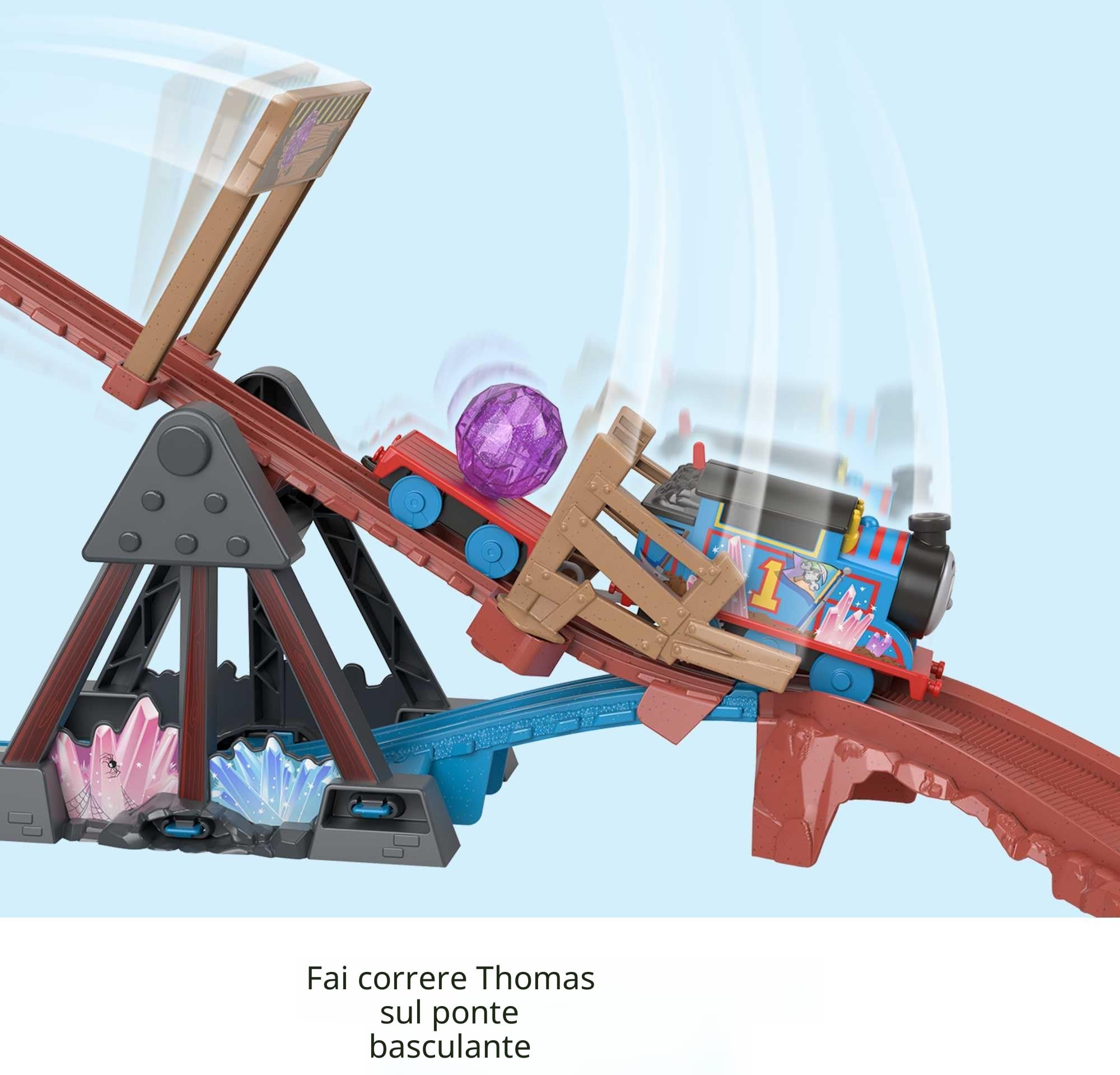 Fisher-Price - Il Trenino Thomas, Set Avventura nelle Grotte di Cristallo, con Trenino Thomas motorizzato e Ponte Mobile, 9 Pezzi e 2,5 Metri di Pista, Giocattolo per Bambini 3+ Anni, HMC28