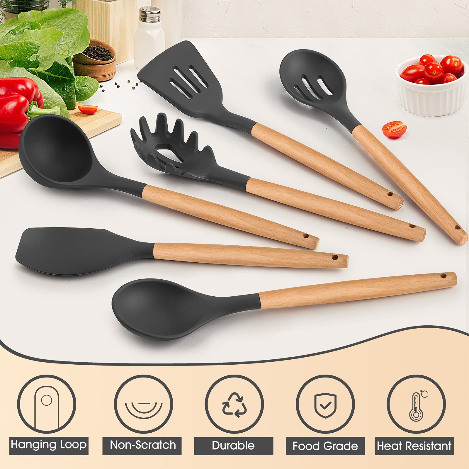 E-far - Juego de 6 utensilios de cocina de silicona con mango de madera, antiadherentes y resistentes al calor, incluye espátula/cucharón/volteador ranurado/cuchara para servir/servidor de espaguetis