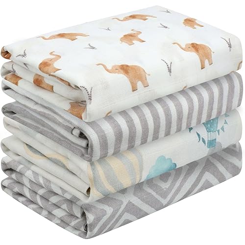 Featherhead™ 4-Pack 100% Cotton Muslin Swaddle Blankets for Baby Girl - Large 47”x 47” - Pre-Washed, Soft, & Breathable - Newborn Essential & Perfect Baby Registry Gift (4 Pack - Elephant)
