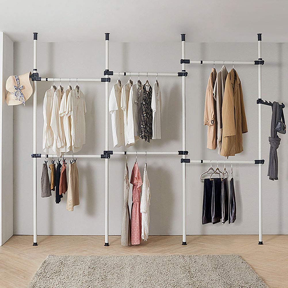Heavy Duty Clothes Rack, 4 Poles 6 Bars Telescopic Coat Hanger Wardrobe