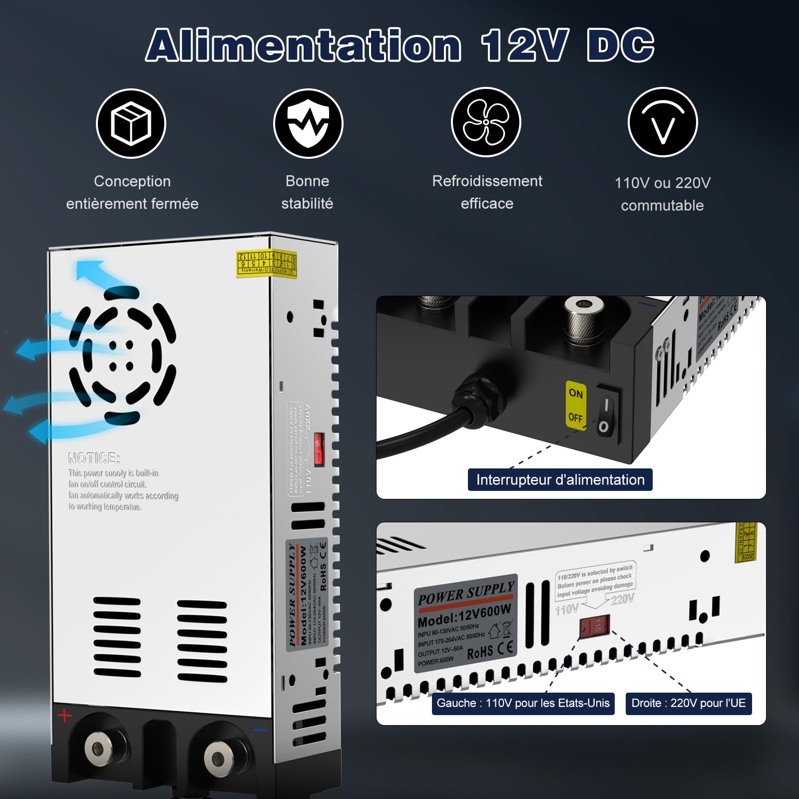IMAYCC Schaltnetzteil 12V 50A, 600W Transformator 110V AC auf DC Netzteil 12Volt Adapter, 12 Volt Spannungswandler für Standheizung, LED Beleuchtung,Industrieanlagen.