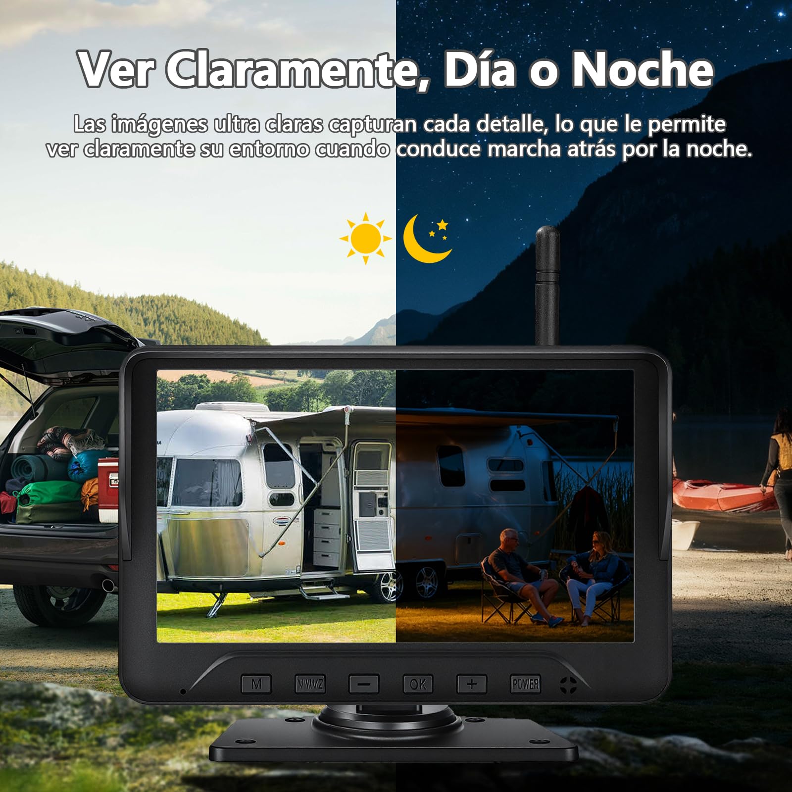 Cámara de Marcha Atrás con 7 Pulgadas 1080P Monitor, IP69 Impermeable 14 IR Visión Nocturna Camara Trasera Coche Inalámbrica, para Camper, Camión, RV(VE-7C)
