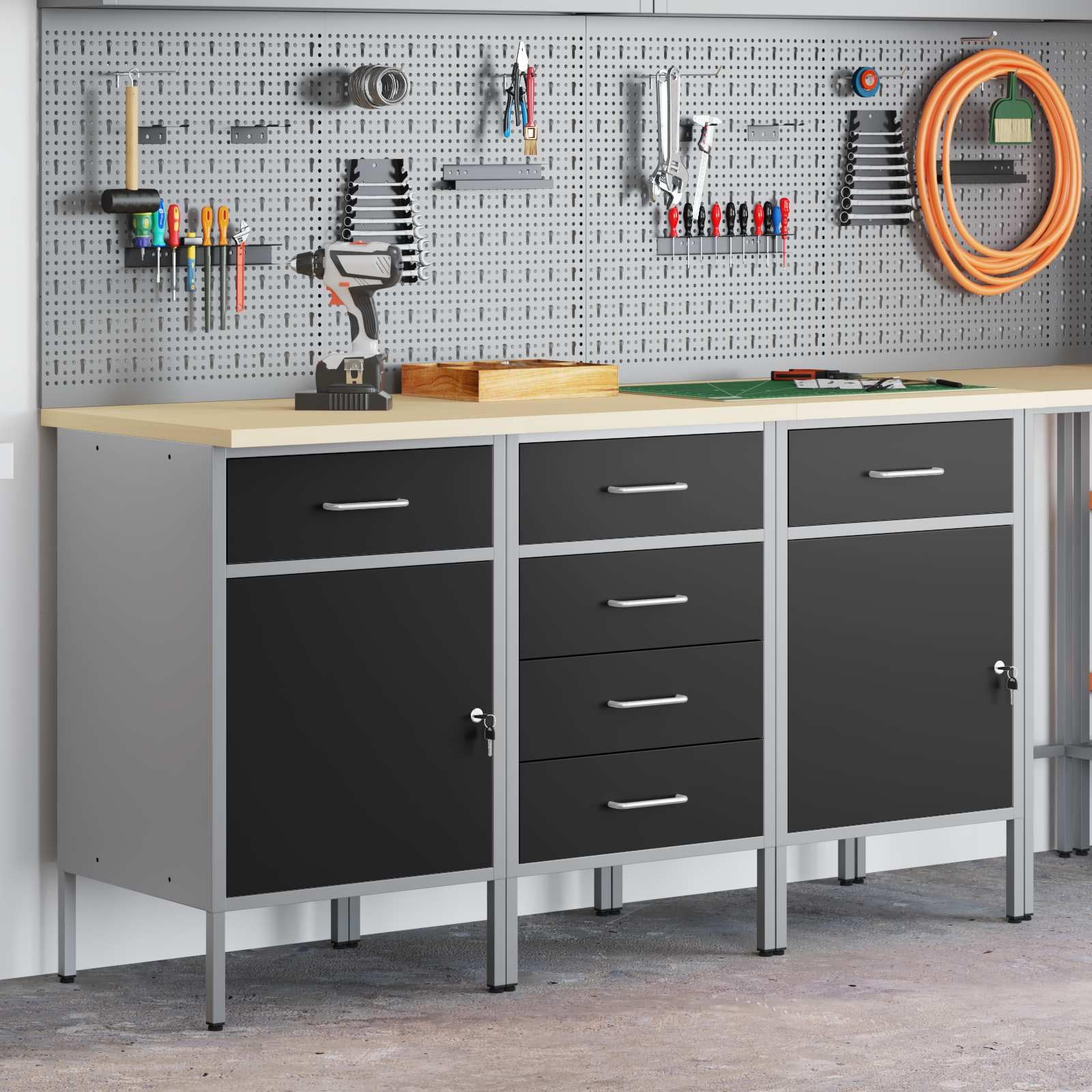 Banco de trabajo con cajones negro y gris, 150 x 55 x 85 cm, armario de madera de acero resistente con 6 cajones, ideal para taller, garaje, sala de ocio
