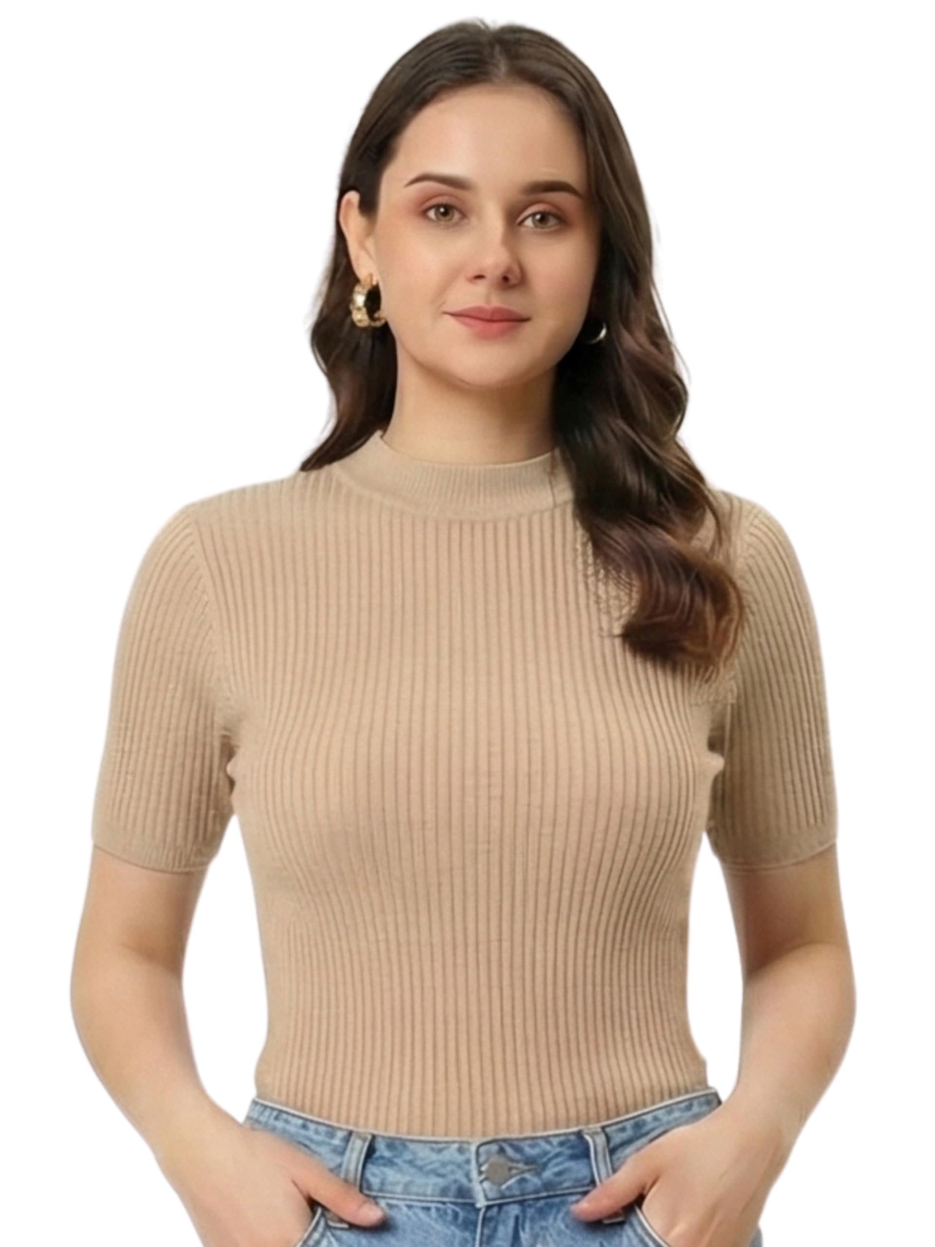 SNITCH GLOWSTITCHâ„¢ Women Ribbed Round Neck Slim Fit Top with Short Sleeves | Stylish Solid Knit Casual & Office Wear for Jeans, Skirts and Western Outfits in neutral