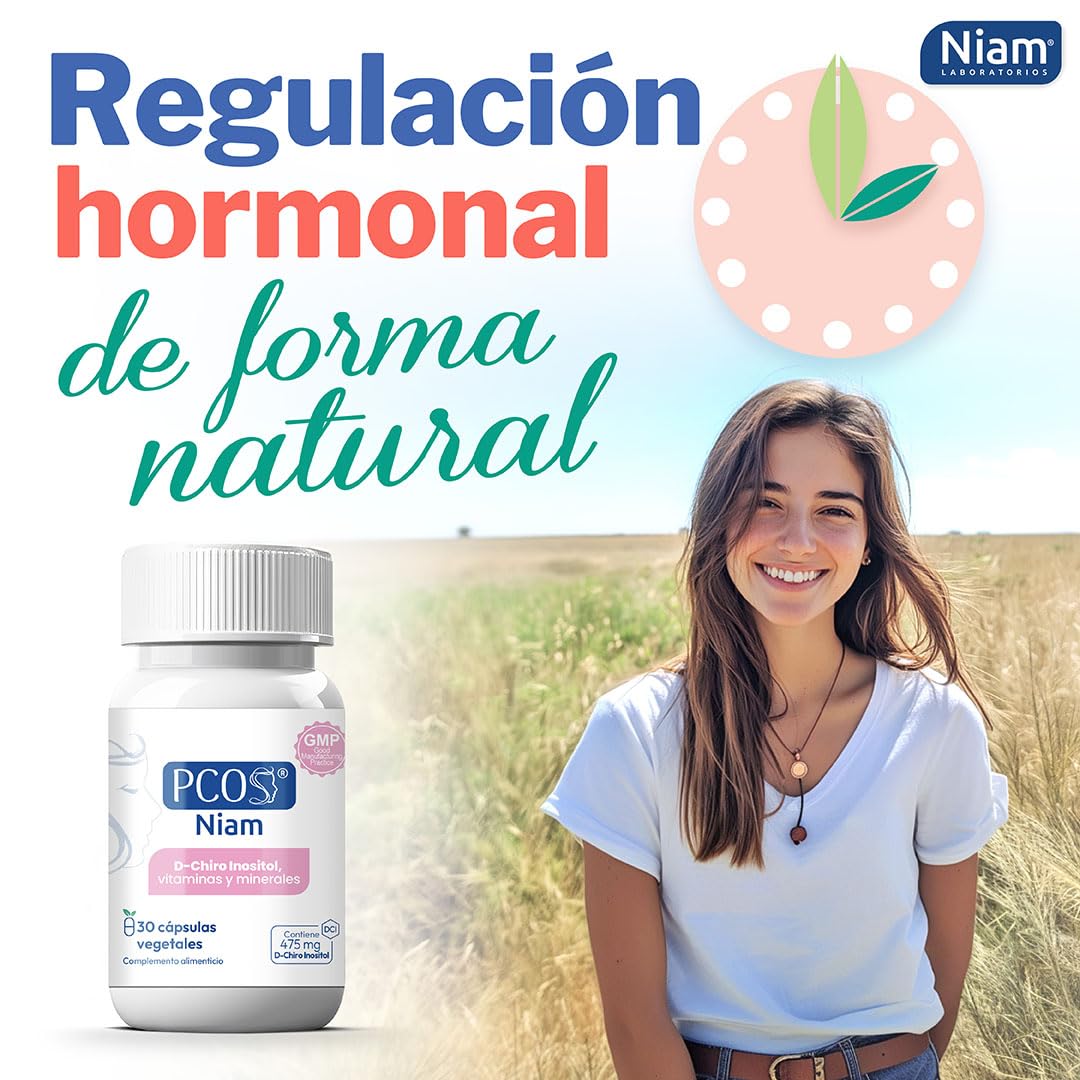 PCOS NIAM | D-Chiro Inositol para SOP | Con Ácido Fólico, Biotina, Vitamina B12, B6 y D3 | Suplemento Ovarios Poliquísticos | Regulación Hormonal | 30 Cápsulas | 1 Mes