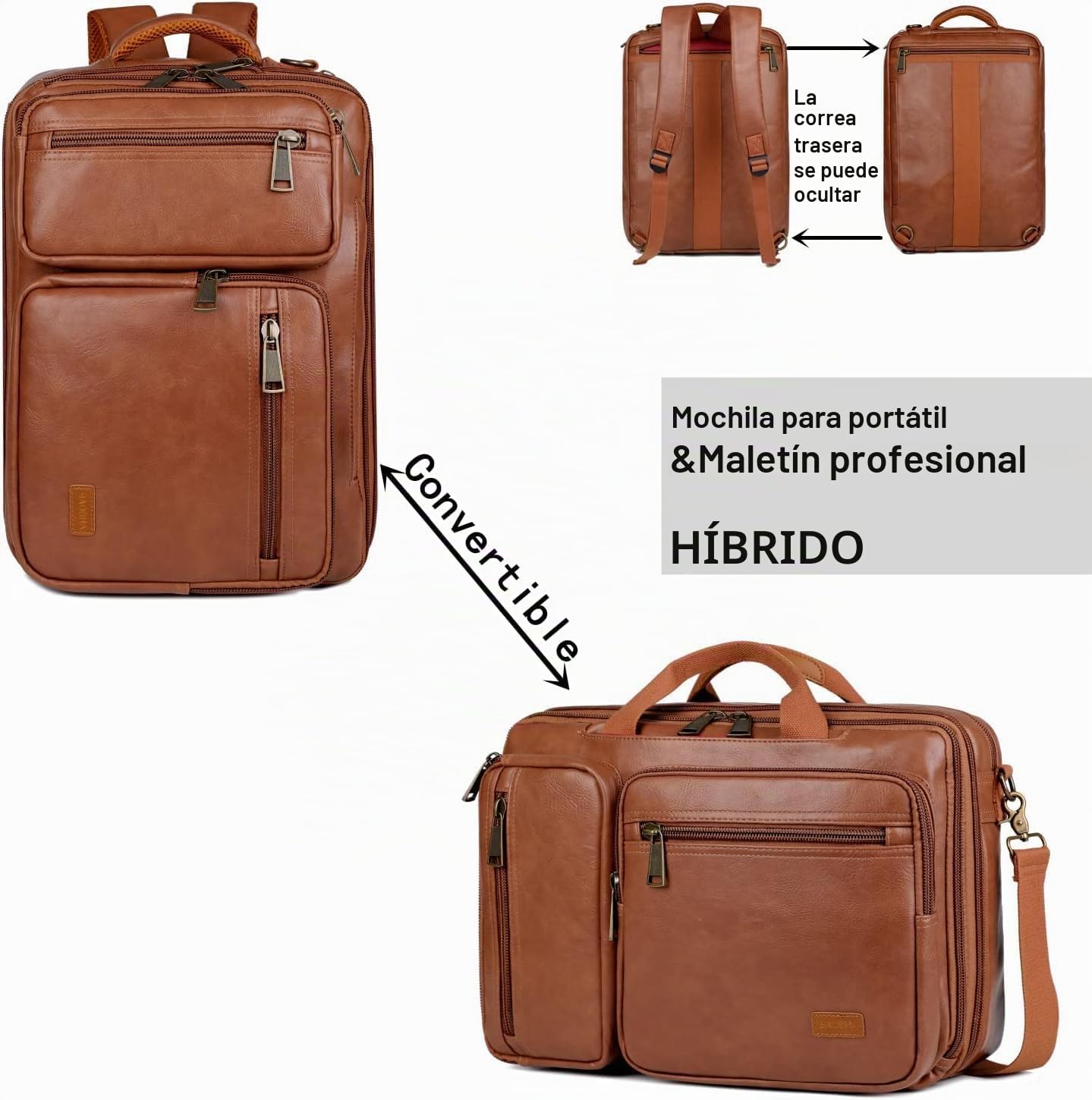Convertible Hombre Cuero Faux Laptop Mochila Maletín Híbrido 15.6 Pulgadas Portátil Bolsa de Trabajo Bolso de Trabajo Mochila Viaje Mochila Senderismo Colegio Mochila para Hombres BC-04