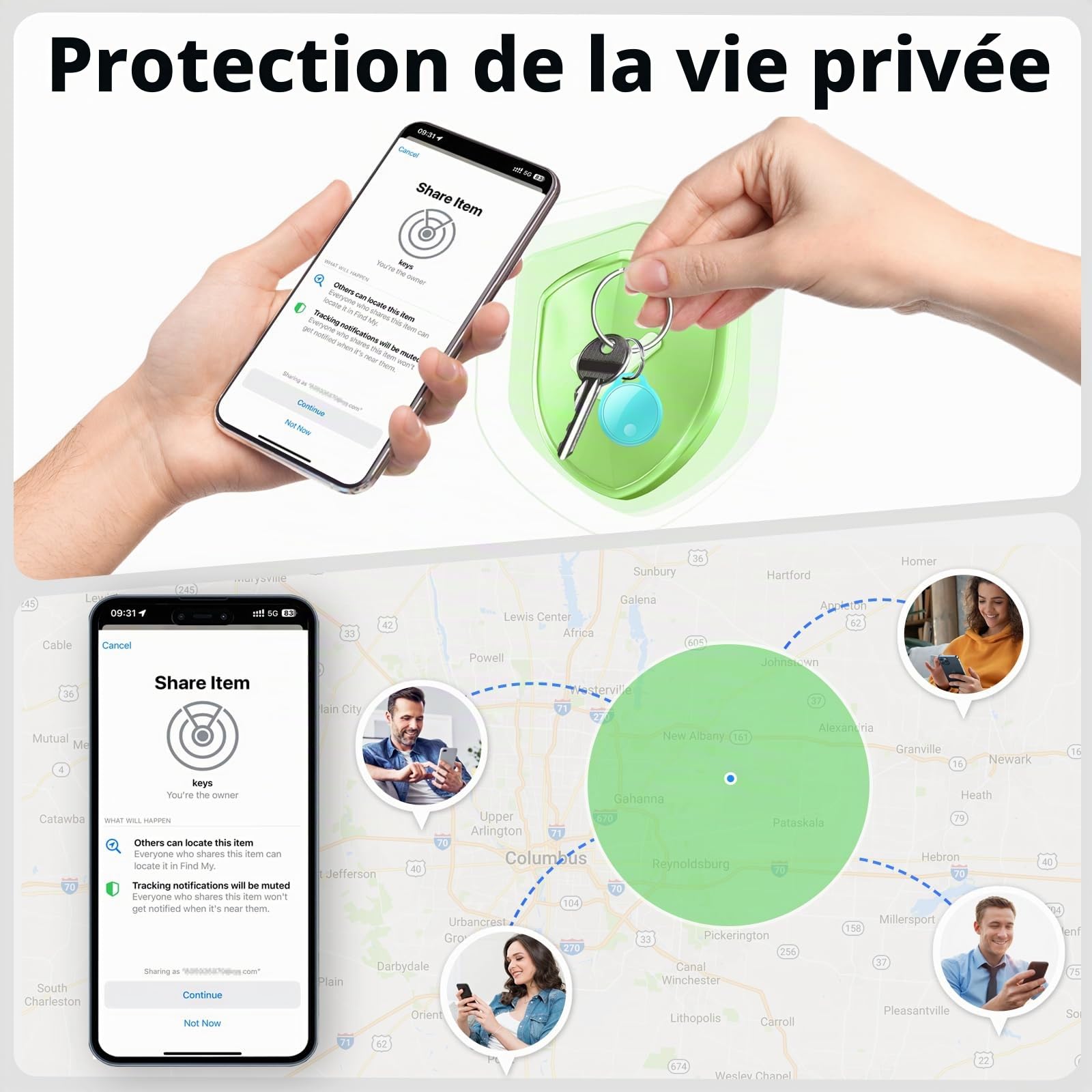 Air Traceur Tag Lot de 4 : Compatible avec Apple Find My (iOS Uniquement), Alarme sonore de 120 DB, Batterie remplaçable, étanche IP68, Localisateur de clés, Bagages, Sacs à Main, Portefeuilles