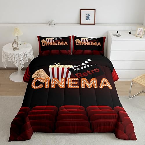 Juego de edredón de película, tamaño Queen, juego de ropa de cama de película de palomitas de maíz, diseño retro, color rojo y negro, para teatro,