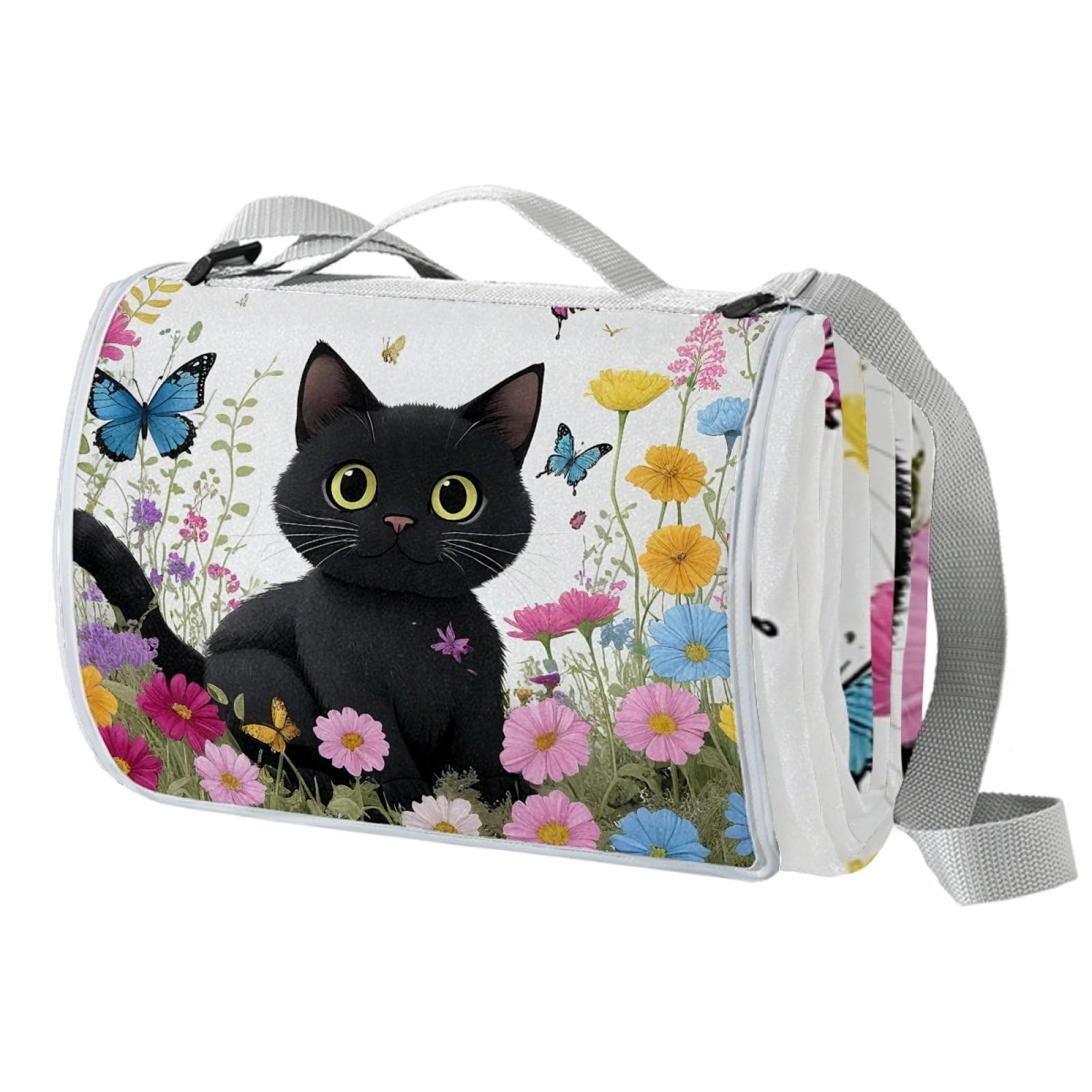 Picknickdecke mit Katze, Schmetterling, wasserdicht, Strandteppich, 150 x 145 cm, waschbar, leicht, mit Griff, für Wandern, Reisen, Outdoor, Camping, Parks