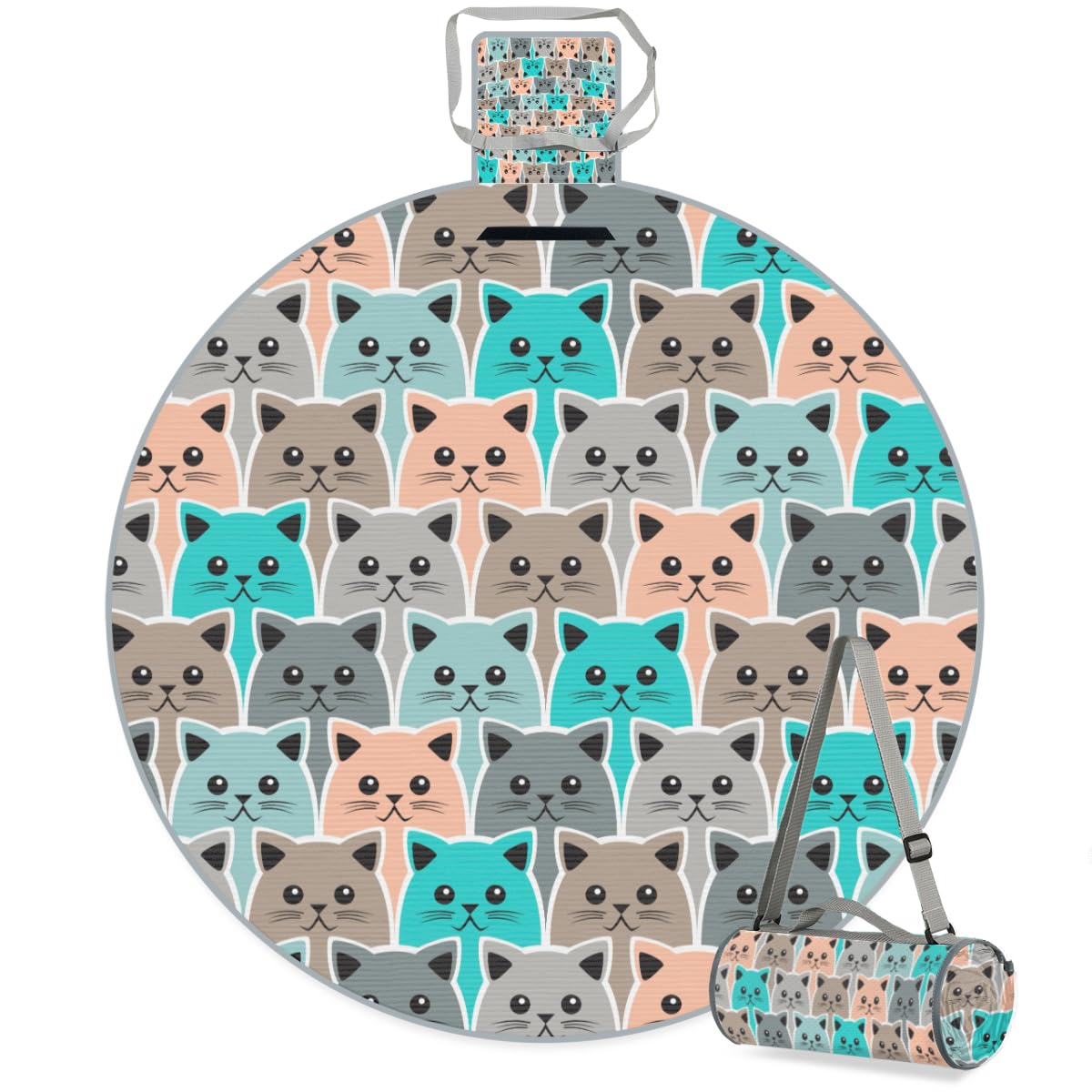 Shimoshe Cute Cat Print Picnic Outdoor Blanket Foldable Waterproof Sandproof Beach Blanket Portable Water-Resistant Round Picnic Mat for Travel Camping Park Lawn