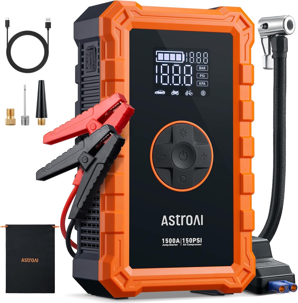 AstroAI S8 Air Jump Starter with Air Compressor, 1500A Peak Car Battery Jump Starter Portable (6.0 Gas/3.0L Diesel) with 150PSI Cordless Auto-Shutoff Tire Inflator, 12V Battery Charger Booster(Orange)