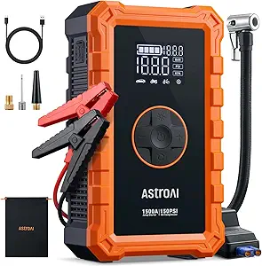 AstroAI S8 Air Jump Starter with Air Compressor, 1500A Peak Car Battery Jump Starter Portable (6.0 Gas/3.0L Diesel) with 150PSI Cordless Auto-Shutoff Tire Inflator, 12V Battery Charger Booster(Orange)