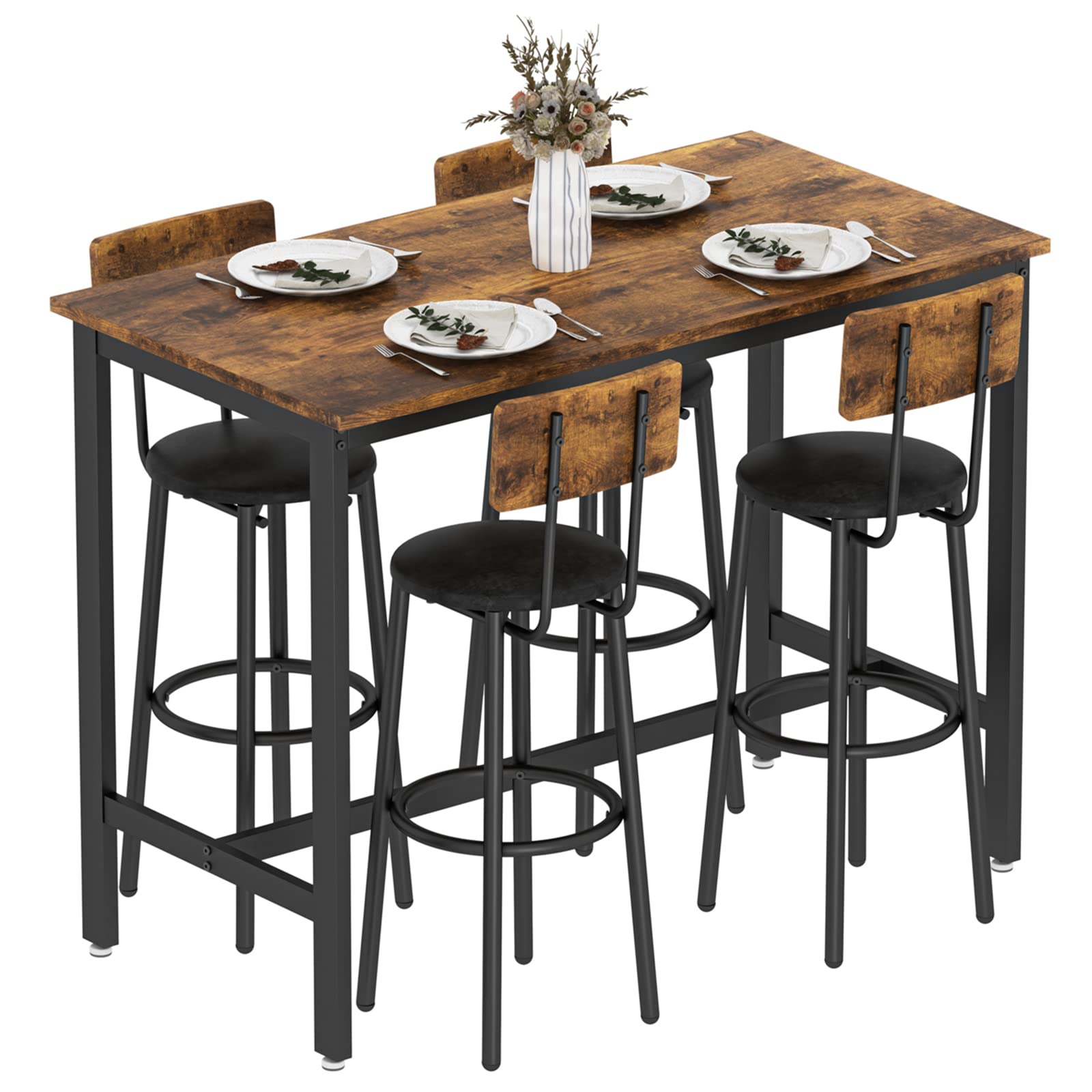 Hommoo5 Pieces Dining Table Set Kitchen Table with Chairs Small Breakfast Nook Table Set Counter Height Dining Room Table Set for 4 Rectangle Dinner Table Set PU Upholstered Stools Rustic Brown