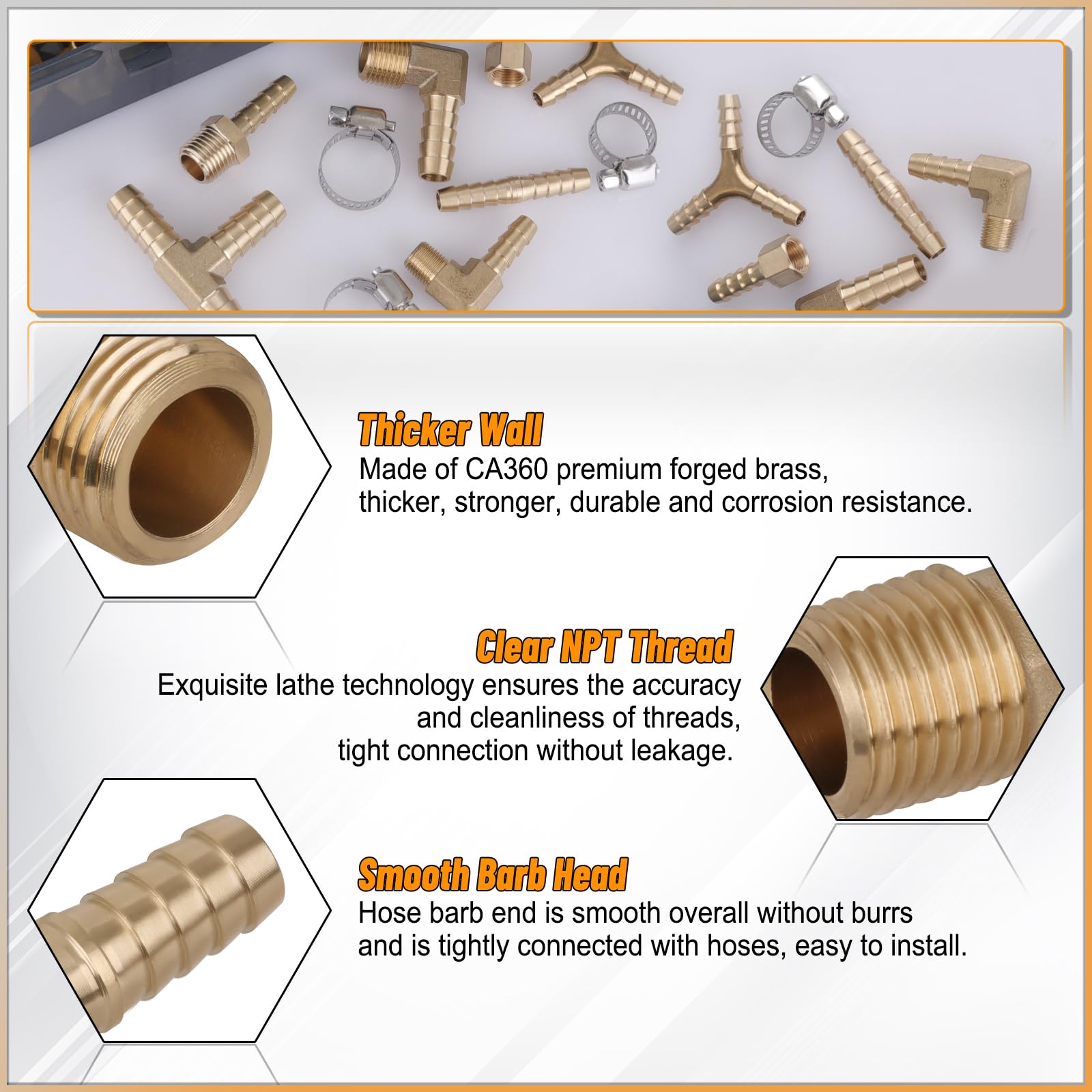 KOOTANS Kit surtido de 132 accesorios de latón para manguera de manguera, empalmador de púas, acoplador macho, adaptador hembra, codo macho de 90°, T, accesorios de manguera de aire en forma de Y con