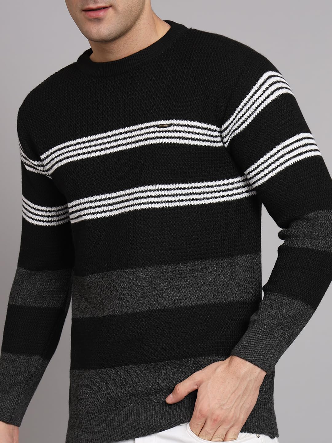 eWools Men's Winterwear Woolen Striped Cardigans Round Neck Sweaters (Black, Medium) - Image 3 thumbnail