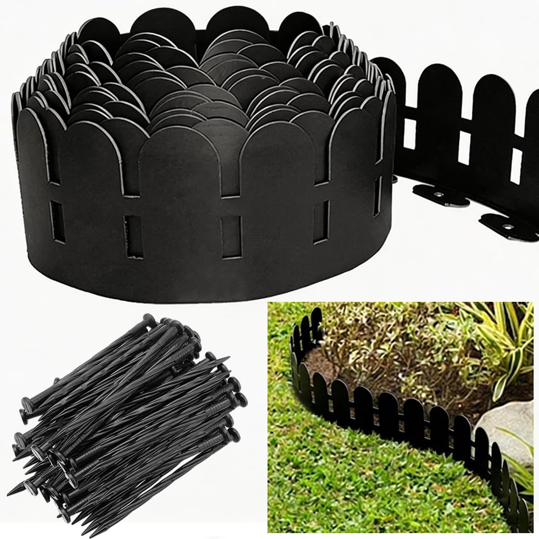 Plastic Garden Edging Border 20M, 14.2cm Tall Flexible Landscape Edging, Heavy-Duty Weather-Resistant Recycled Lawn Edging, Tool-Free Edging with 100pcs Stakes for Flowerbeds & Yards, Black