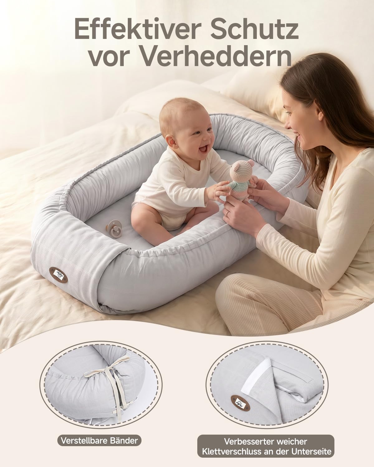 Babynest Neugeborene 95x56cm,Vollständig Abnehmbar Nestchen Baby,Waschbar Verstellbar Babynestchen Tragbar,Multifunktional Kuschelnest für Jungen und Mädchen,Grau