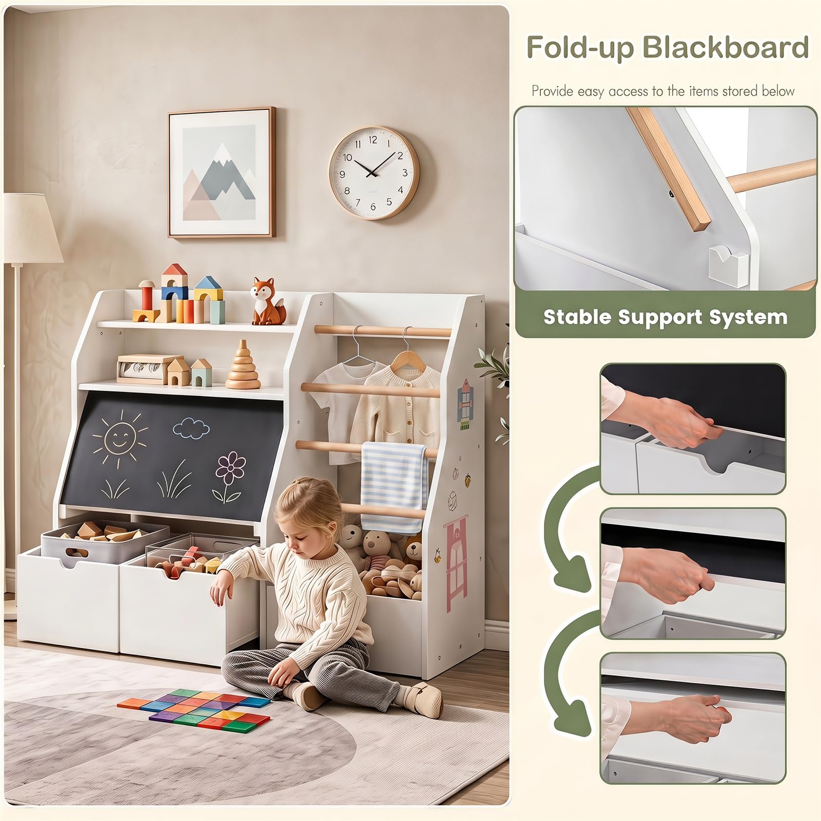 GYMAX Organizer per giocattoli con lavagna ribaltabile e 2 cassetti mobili