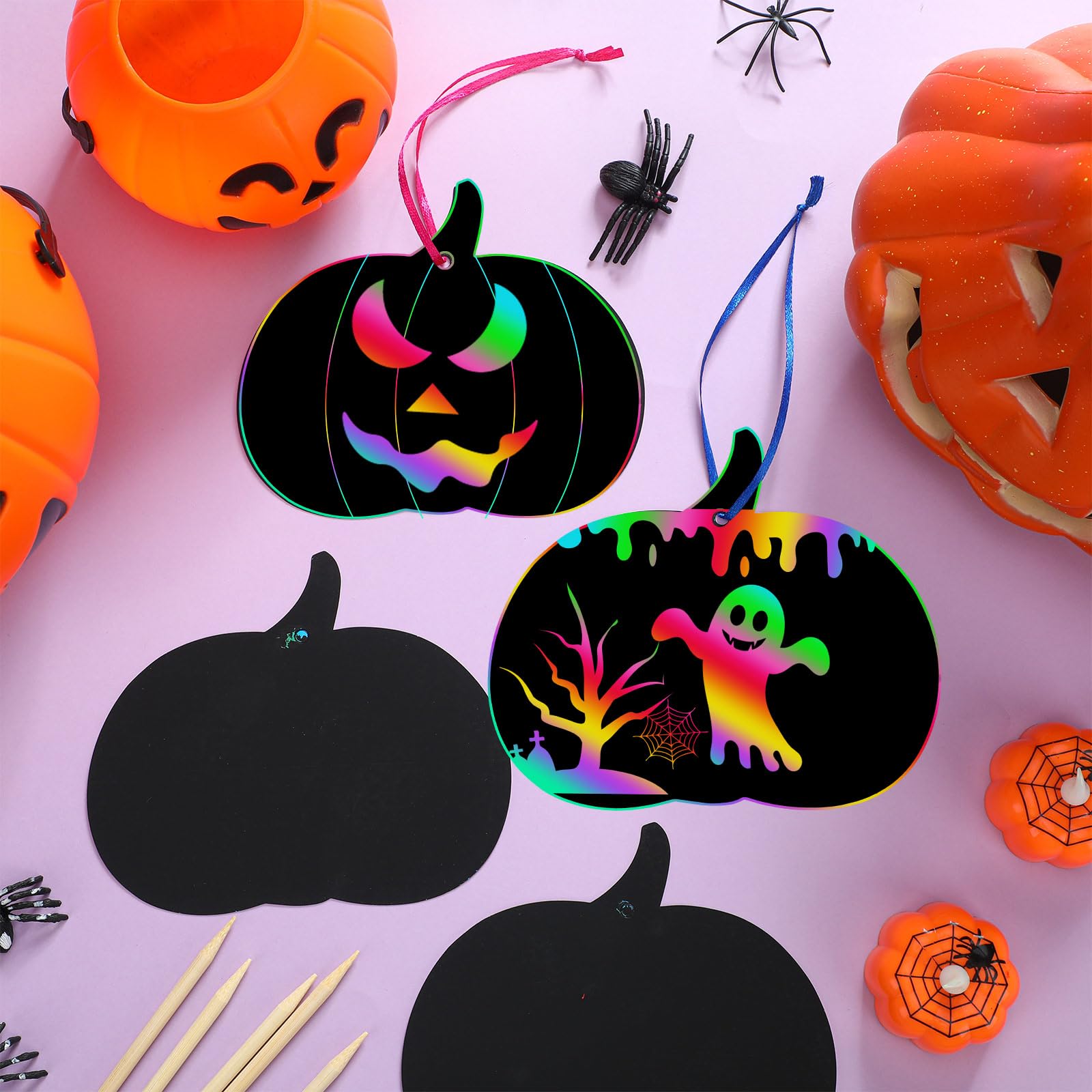 Jenaai 150-Piece Halloween Scratch Art Kit - Pumpkin Craft Cards With Stylus & Ribbons For Parties