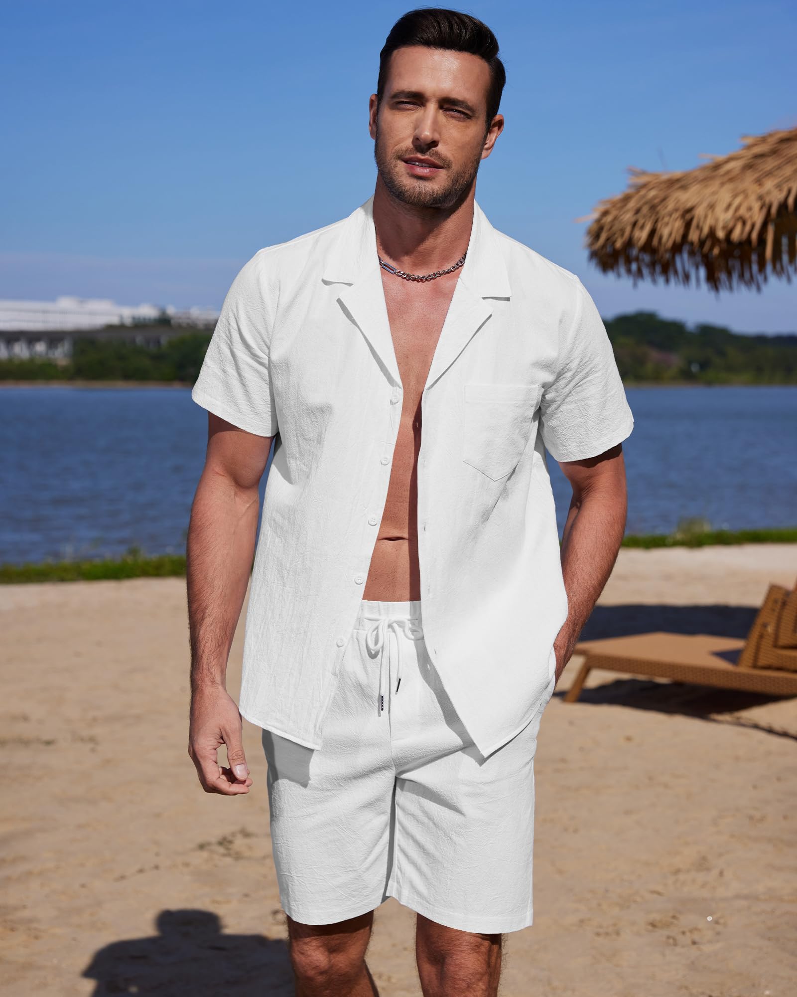 YAOHUOLE Conjunto de camisa y pantalón de lino para hombre, manga corta, pantalones y camisa de lino de manga corta para hombre, ajuste universal de verano