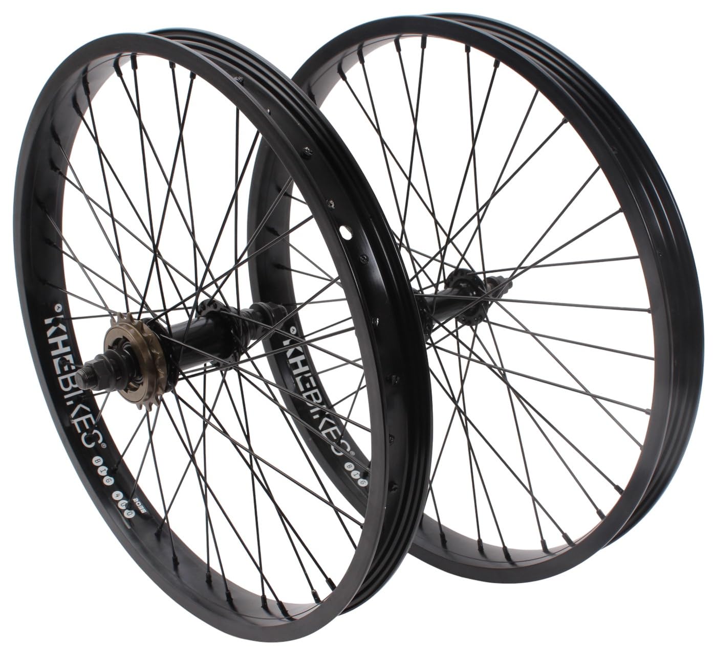 KHE Prism BMX zestaw kół 20 cali – czarny – przednie i tylne koło – oś 14 mm/10 mm – wolne koło 16T – 36H – 7005 aluminiowe felgi