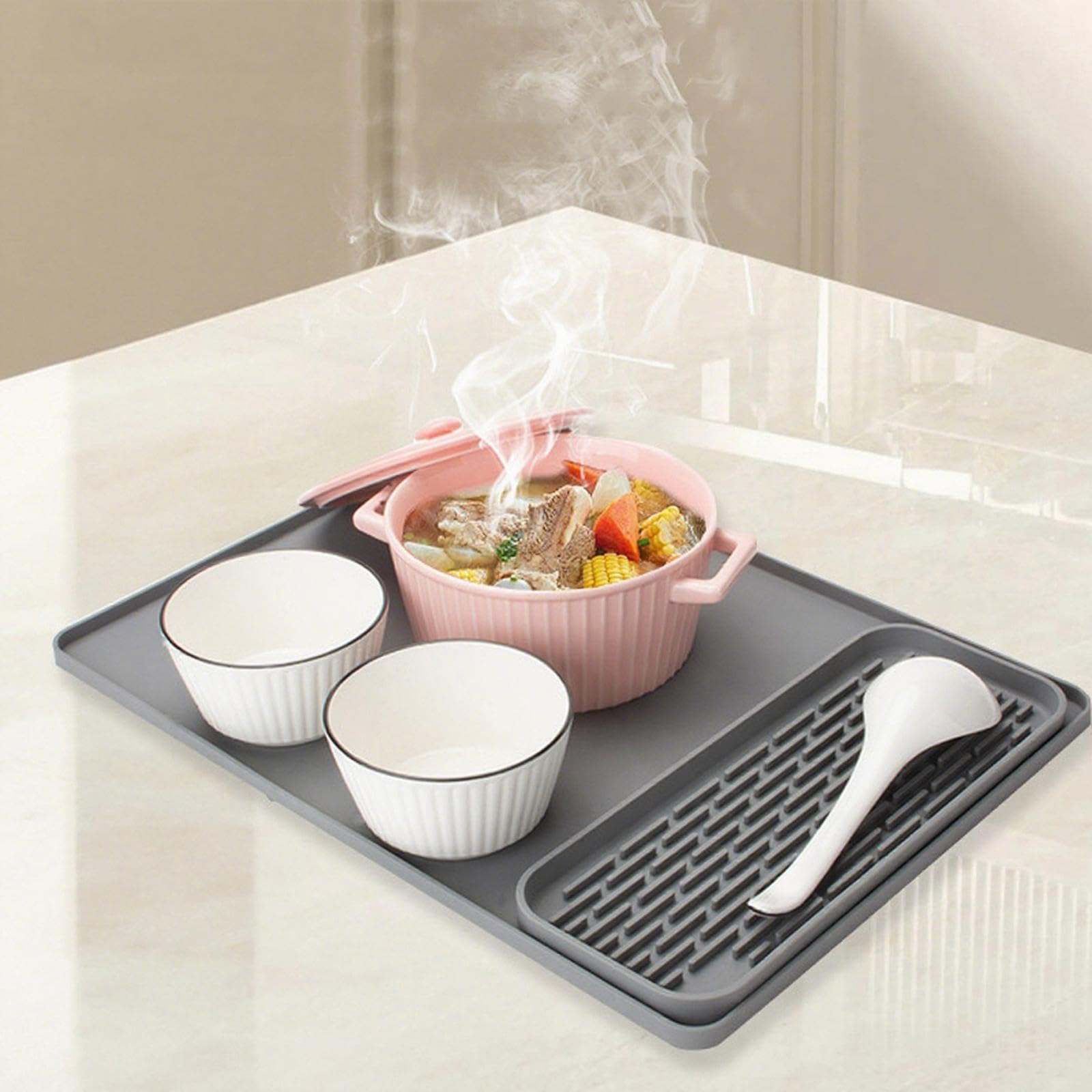 Juego de Tapetes de Silicona Antideslizantes para Platos, Utensilio de Cocina Que Mantiene La Limpieza Y Es Extraíble para Encimeras de Cocina Y Resta, Gris, Individual