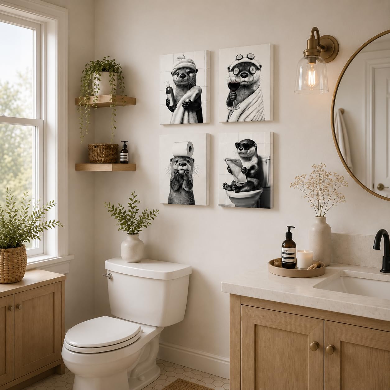 Dazzlewall Incorniciato Set di 4 Pezzi Quadro Bagno Lontra Divertente, Poster Retro in Bianco e Nero con Lontra Carina per Toilette Bagno 20×25 cm
