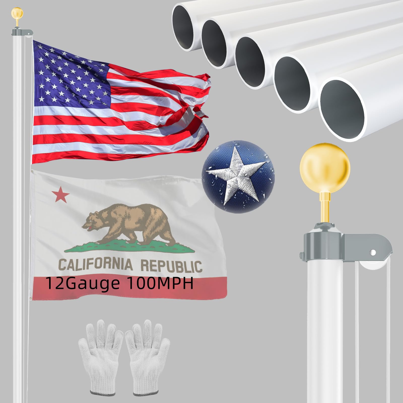 NELXINJO Heavy Duty 25FT Flag Pole -12 Gauge Extra Thick Aluminum Flagpole kit for Outside House,100MPH Wind Tested