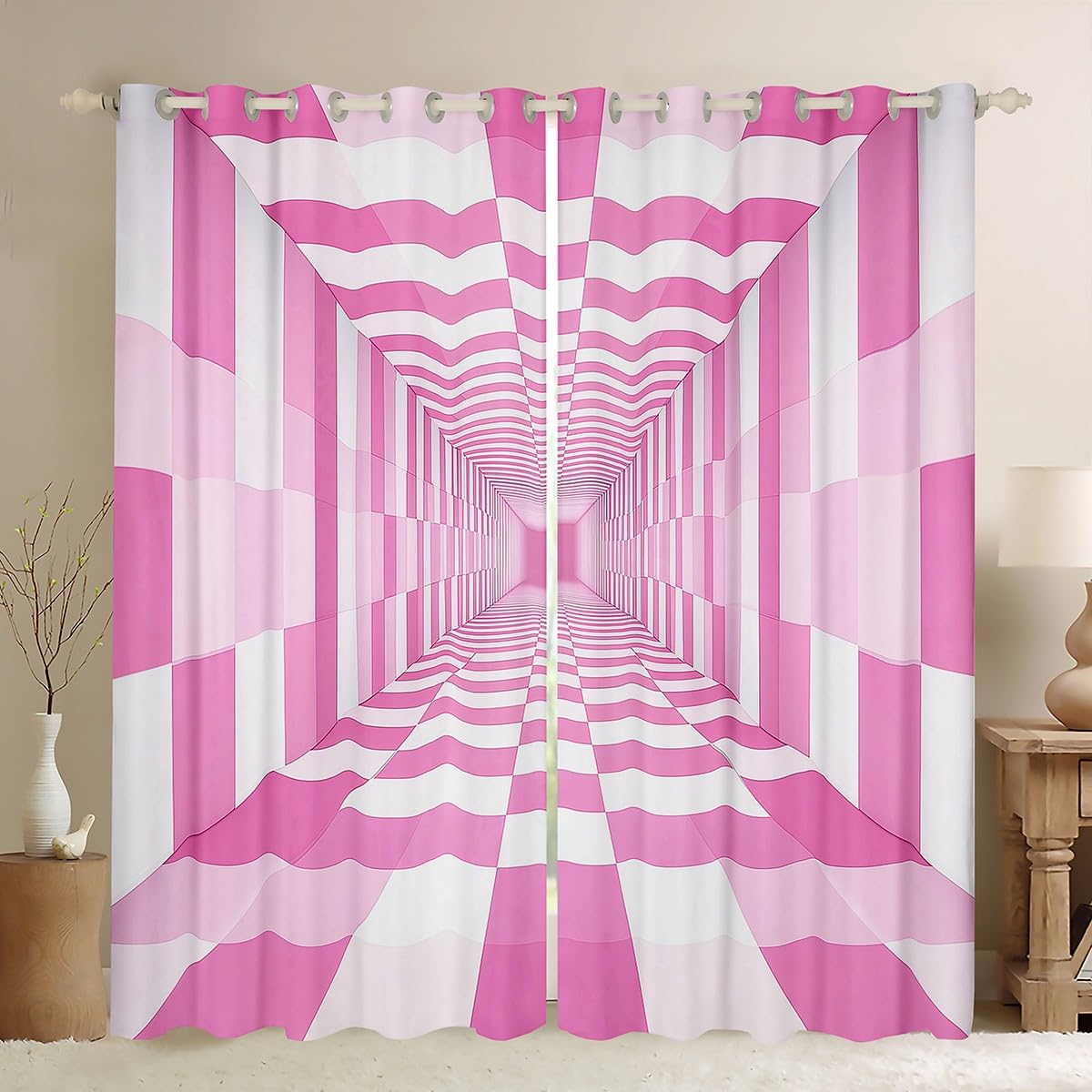 Rideaux rose et blanc à carreaux géométriques pour salon lot de 2