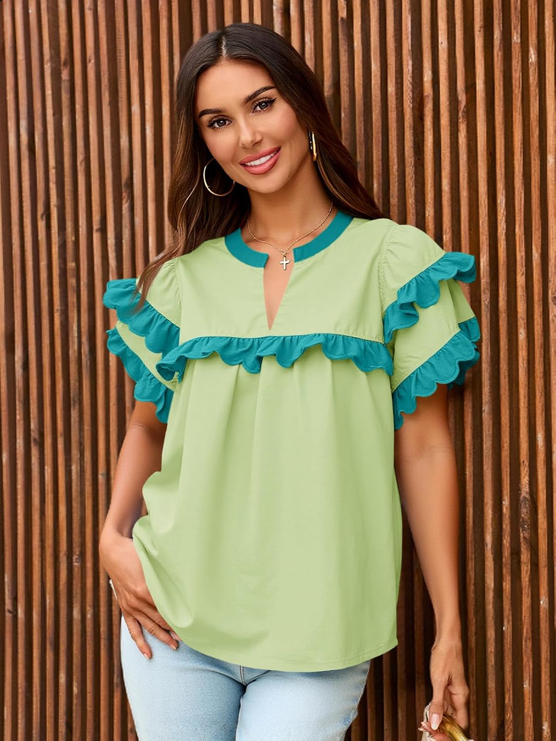 Tankaneo Womens Ruffle Sleeve Babydoll Tops Color Block Summer V Neck Pleated Blouse Dressy Casual Loose Fit Shirts - Image 5