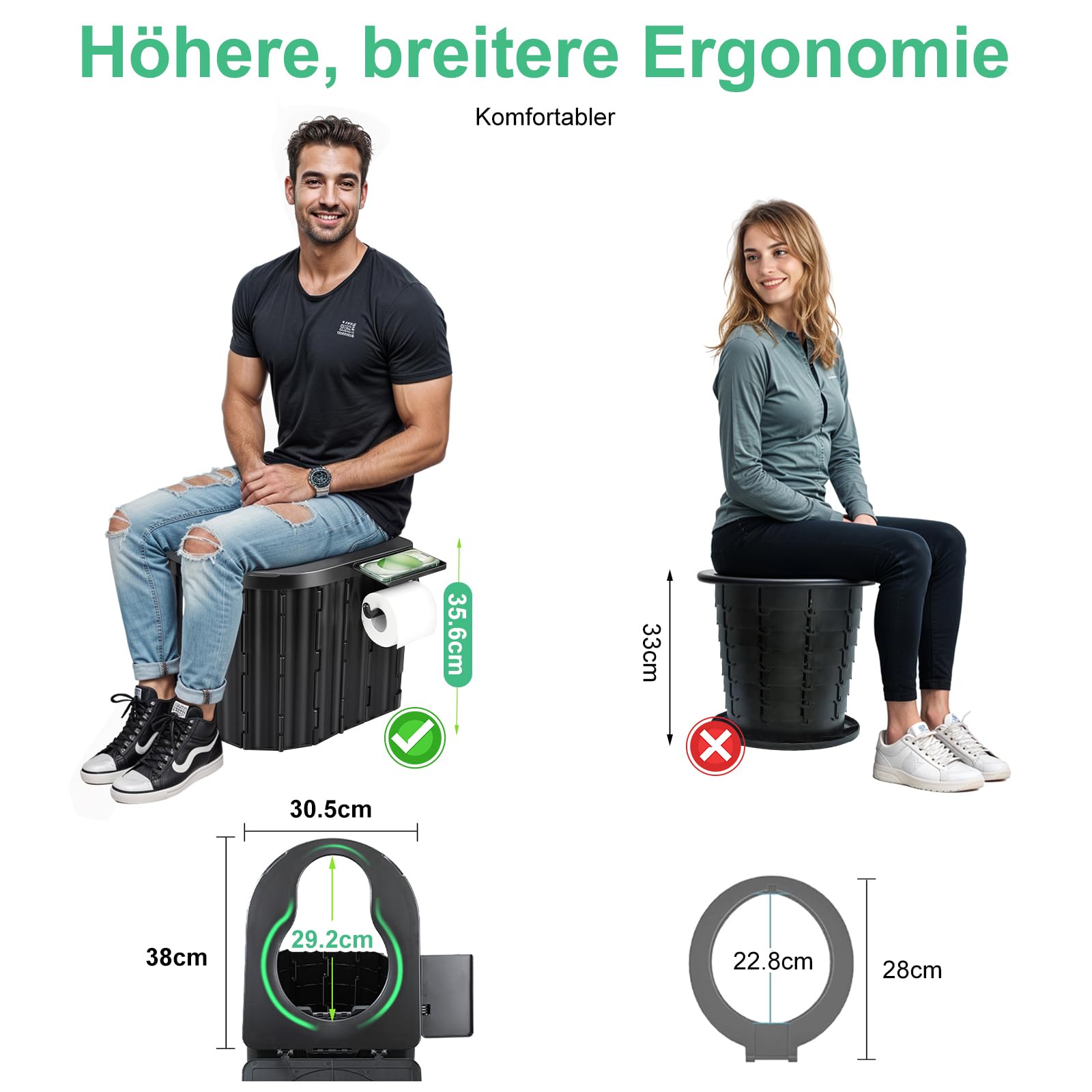 Faltbare Campingtoilette, Tragbare Toilette, Mobile Toilette für Drinnen und Draußen, Faltbare Autotoilette, Geeignet für Erwachsene und Kinder, Geeignet für Angeln, Zelte, Schlafzimmer und Strände