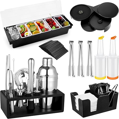 Mifoci Kit de 23 piezas de suministros de barman bandeja para guarnición para camareros con carrito de barra de 3 niveles, 13 piezas de coctelera y