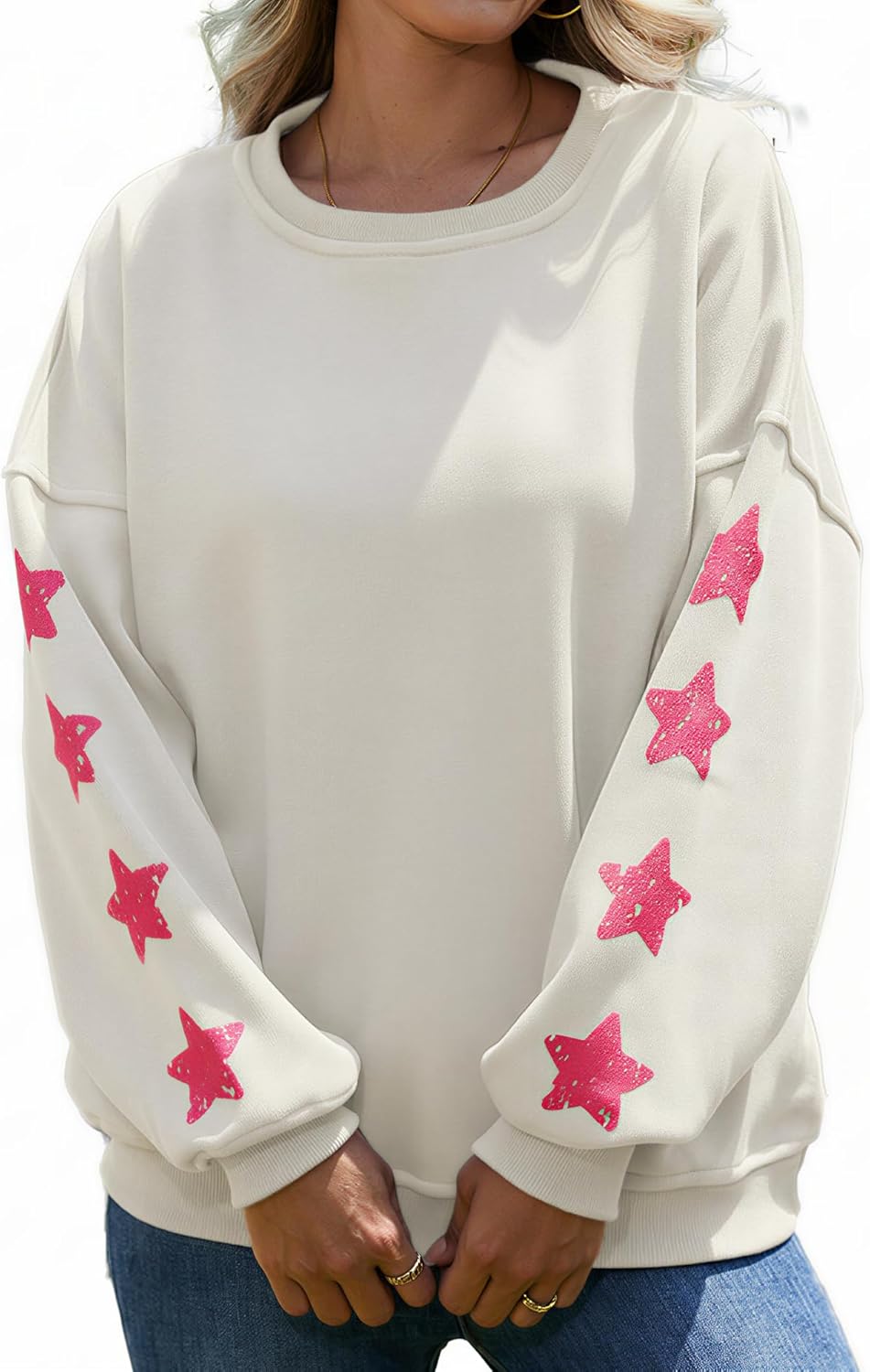 Women's Oversized Crewneck Sweatshirt, Thickened with Fleece, Star Sleeves, Long Sl...