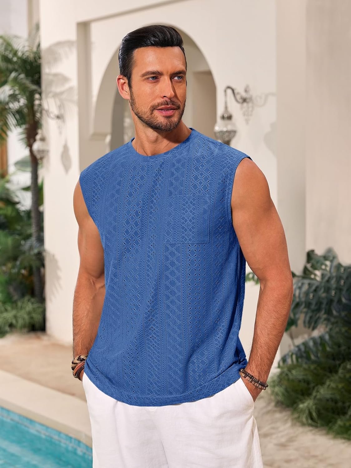 Runcati Mens Sleeveless Tank Tops Casual Hollow Out Knit T Shirts Beach Summer Hippie Tops with Pocket - Image 2