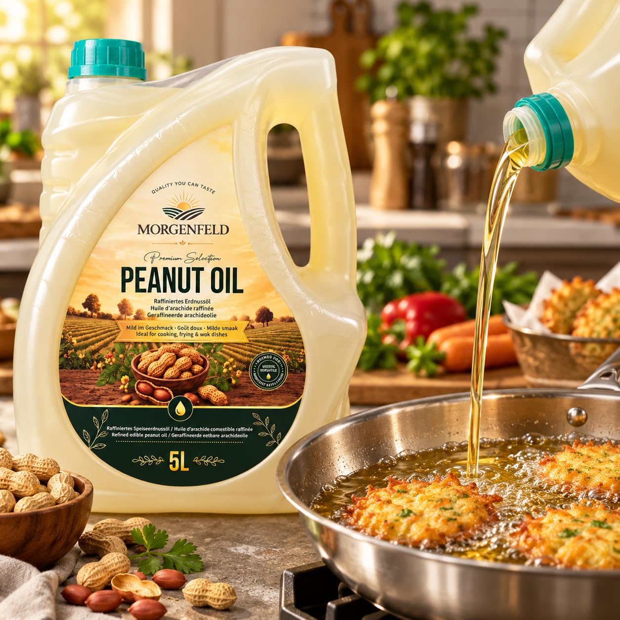 Aceite de cacahuete Morgenfeld 4 x 5 l – Aceite de cacahuete para freír, freír, wok y cocinar, aceite vegetal para cocina asiática, sartén, parrilla, adobos, verduras