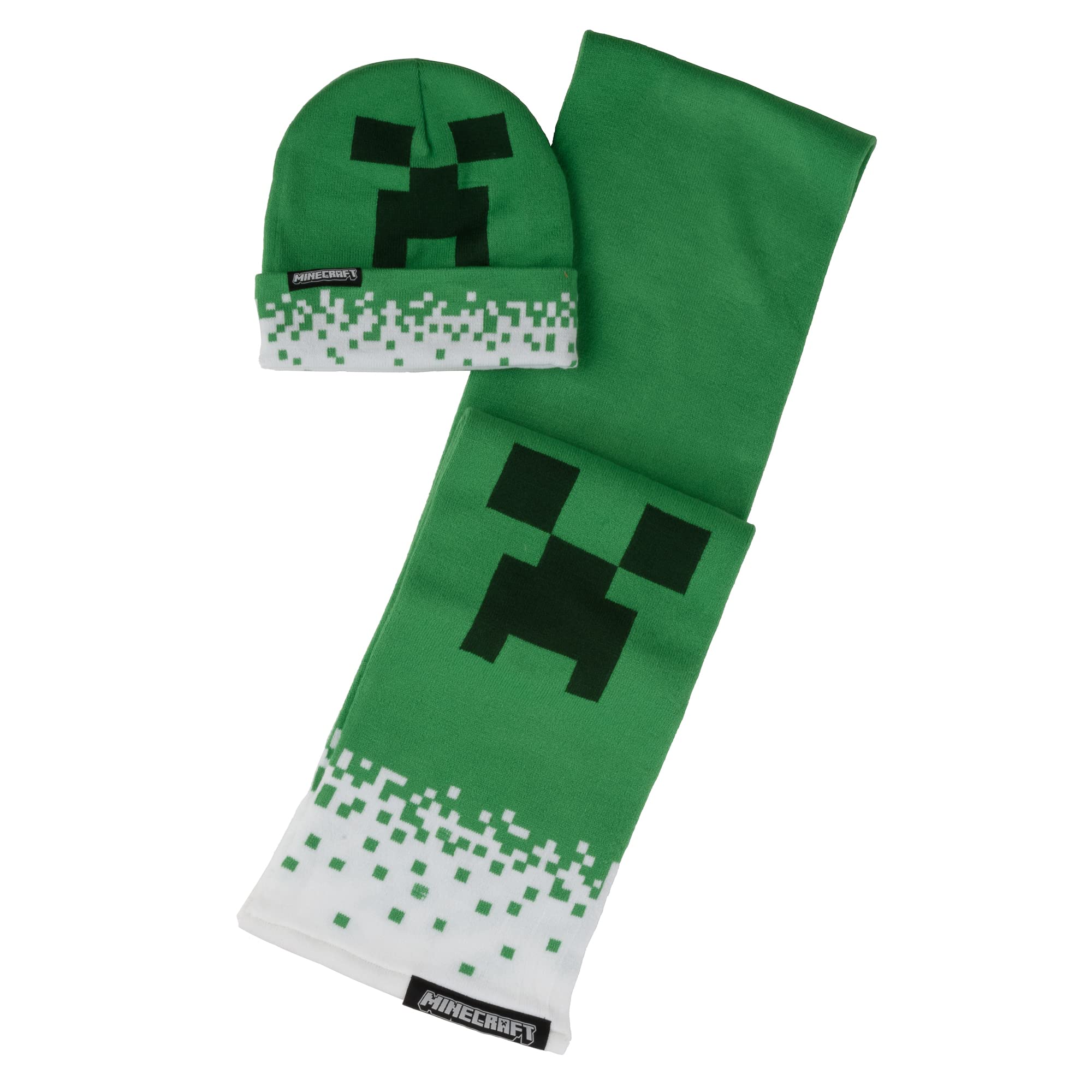 Minecraft Creeper & TNT Knit Scarf & Cuff Beanie Cold Weather Set for Kids & Adults, 2 PC Set, Creeper, One size