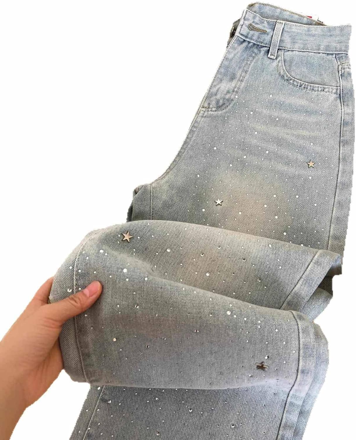 Light Blue Hot Stamping Diamond High Waist Jeans Women Slimming Wide Leg Straight Pants Elegant Commute
