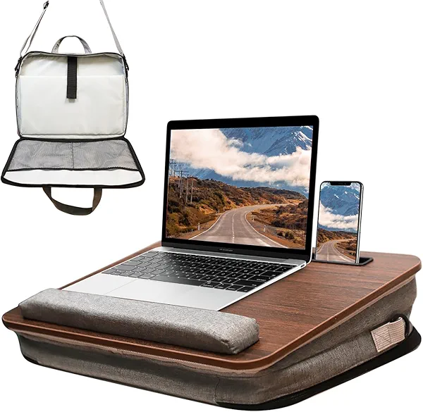 AMFIYQ Lap Desk for Laptop Stand with Cushion, Adults with Storage Fits Up to 15.6in, Combines Features Bag and Pillow Table by Travel, Portable Workstation for Home College Office (Walnut Color)