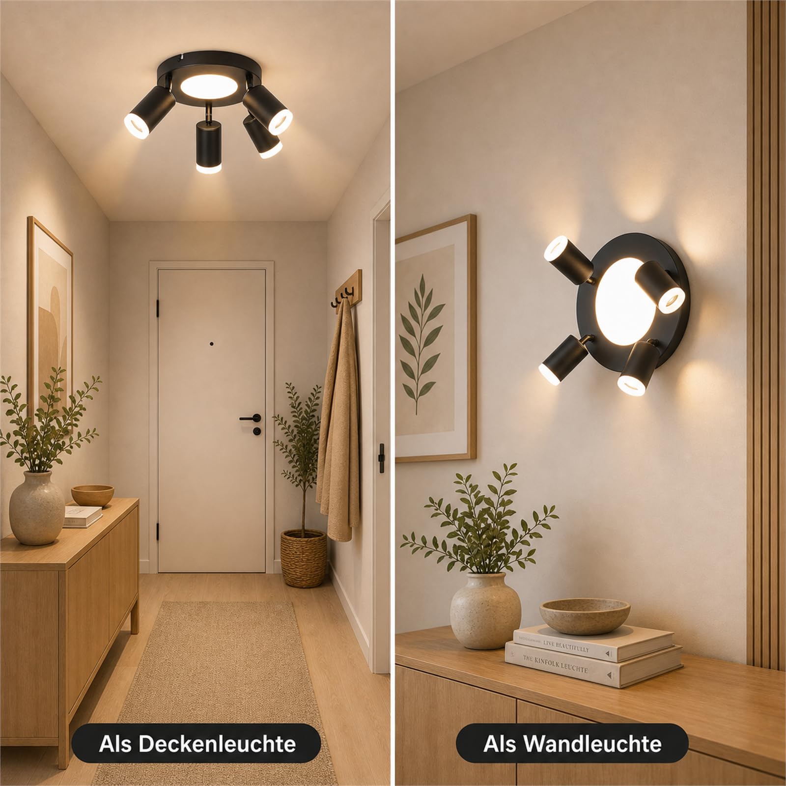 LED Deckenstrahler 4 Flammig Rund Schwarz Deckenlampe Warmweiß