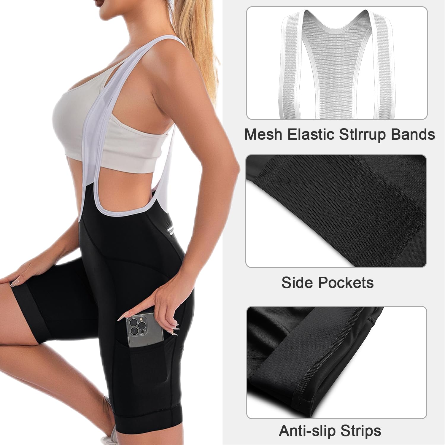 Lo.gas Fahrradhose Damen Gepolstert Mit TräGer Fahrrad TräGerhose Damen Bib Shorts Fahrradhose Schnell Trocknende StoßFeste Fahrradunterhose Mit 4d Polster Tasche
