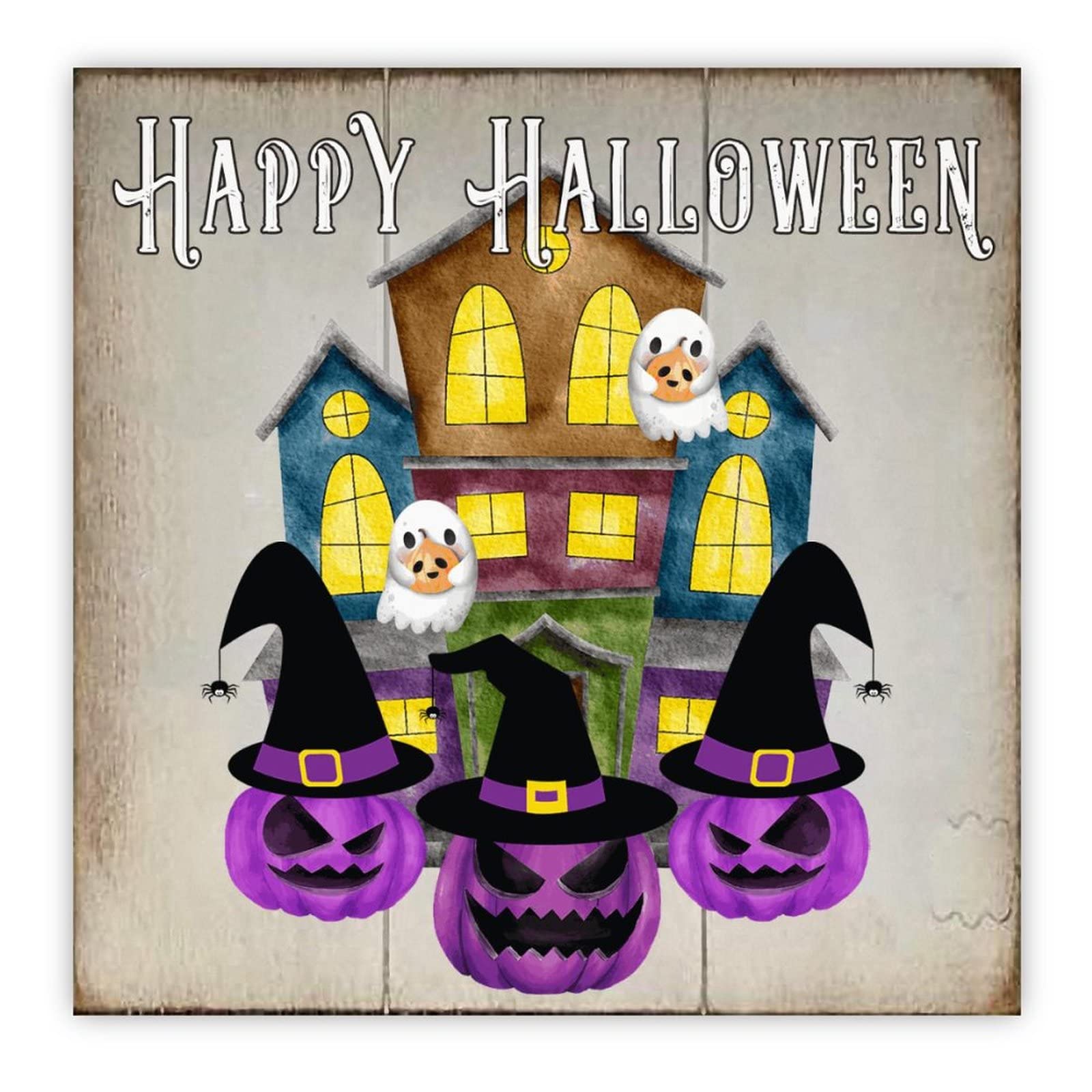 Panneau Halloween en bois sorcière et citrouille suspendre 30cm